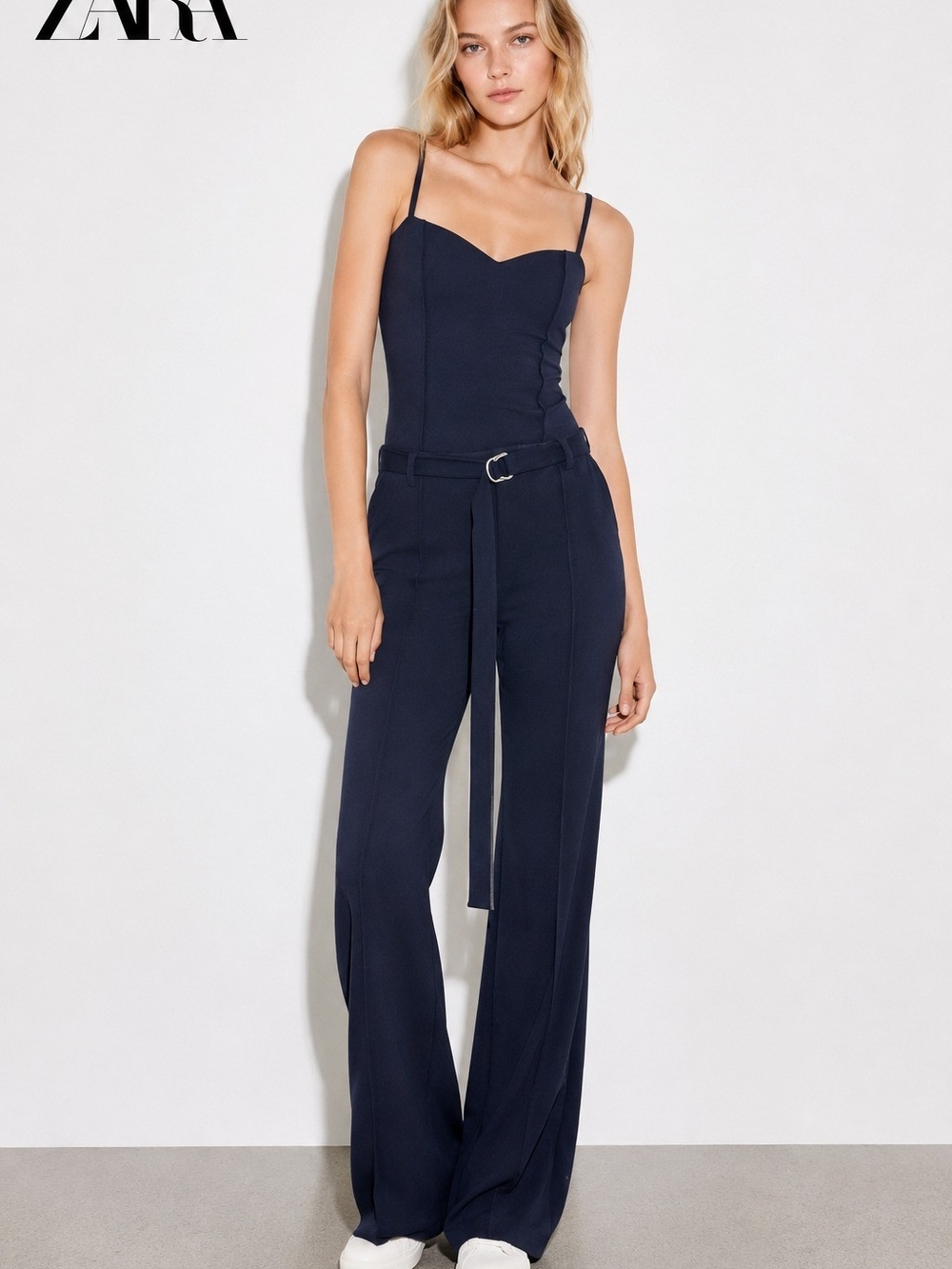 Zara Navy Straight-Leg Jumpsuit with Slim Straps and D-Ring Belt